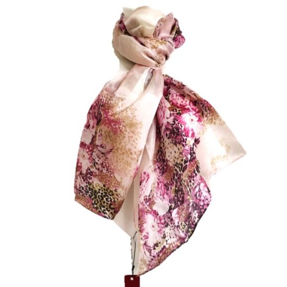 Shanghai Story, Pink Poppy Flower, Thin Scarf, 100% Silk, 70"x20" - Picture 1 of 7
